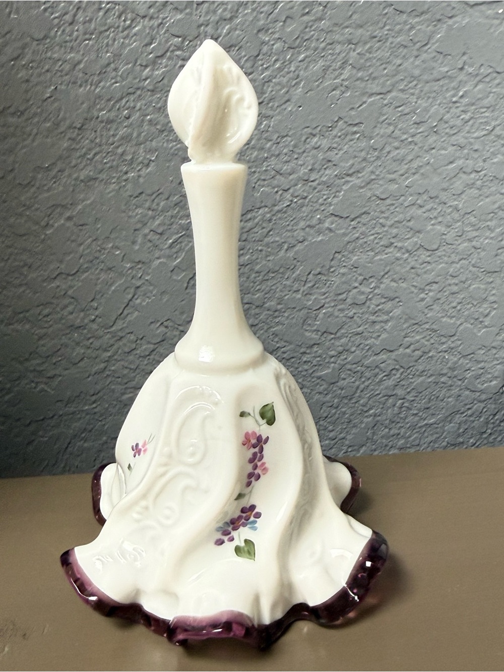 Fenton White Milk Glass Bell Purple-Trim Floral Accents - Picture 8 of 9